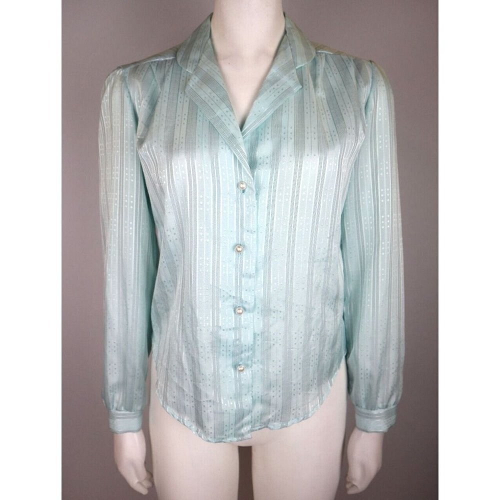 VINTAGE WOMEN'S BLUE LONG SLEEVE BUTTON-UP BLOUSE - DOO-DADS - SIZE M